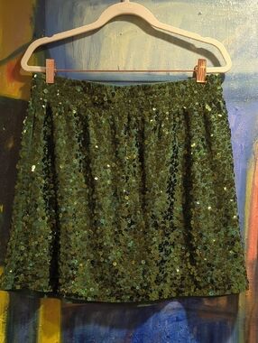 Garnet Hill Green Sequined Pull-on Mini Skirt Size Large